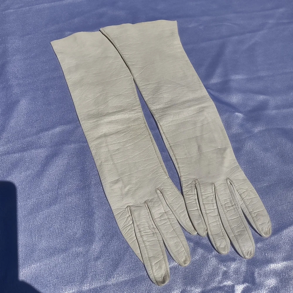 Sm Vintage Elegant White Leather Gloves Elbow Length